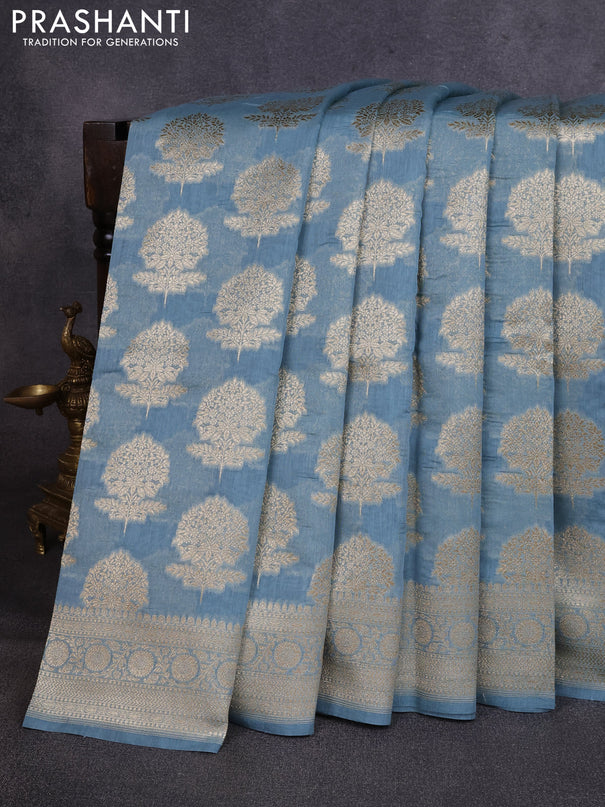 Banarasi silk cotton saree bluish grey with allover thread & zari woven buttas and woven border