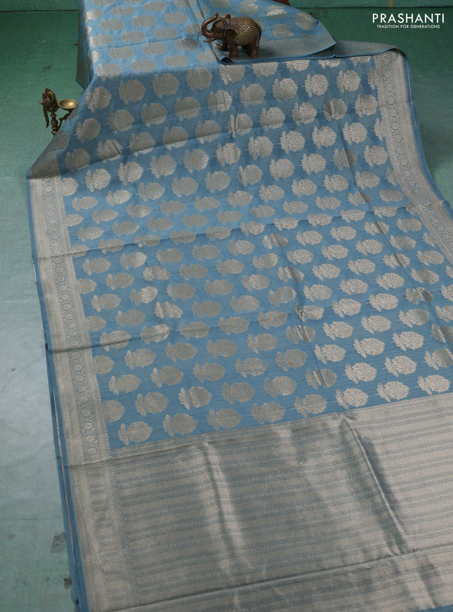 Banarasi silk cotton saree bluish grey with allover thread & zari woven buttas and woven border
