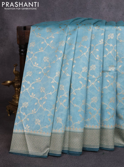 Banarasi silk cotton saree pastel blue and green shade with allover thread & zari weaves and woven border