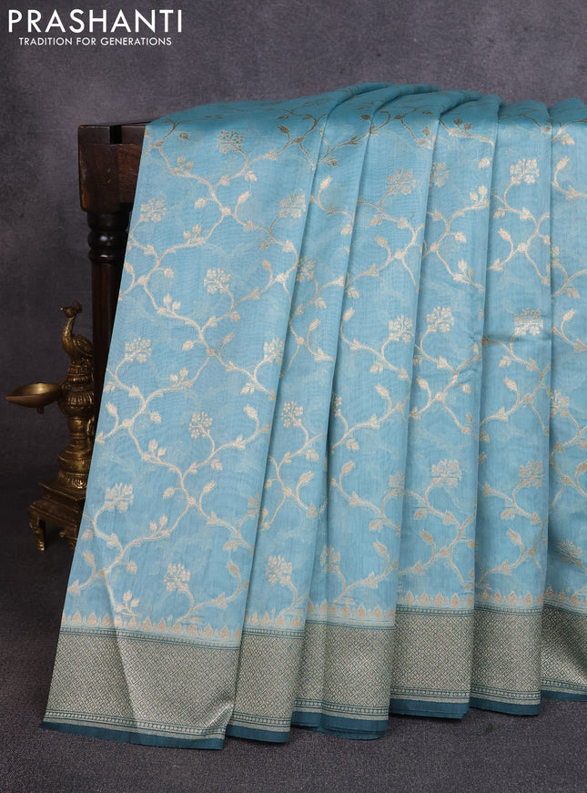 Banarasi silk cotton saree pastel blue and green shade with allover thread & zari weaves and woven border
