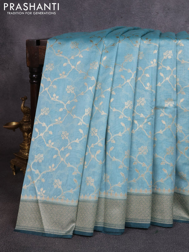 Banarasi silk cotton saree pastel blue and green shade with allover thread & zari weaves and woven border