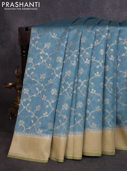 Banarasi silk cotton saree greyish blue and pista green with allover thread & zari weaves and woven border