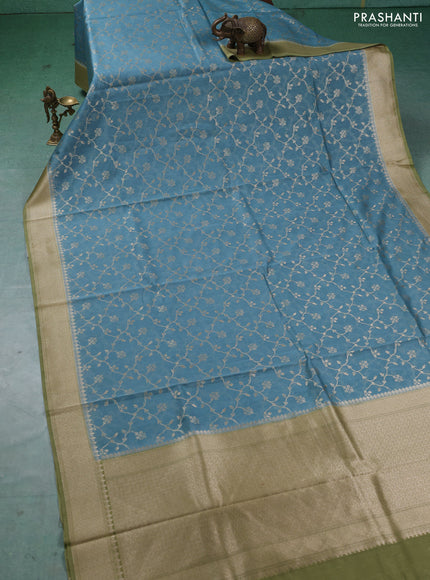 Banarasi silk cotton saree greyish blue and pista green with allover thread & zari weaves and woven border