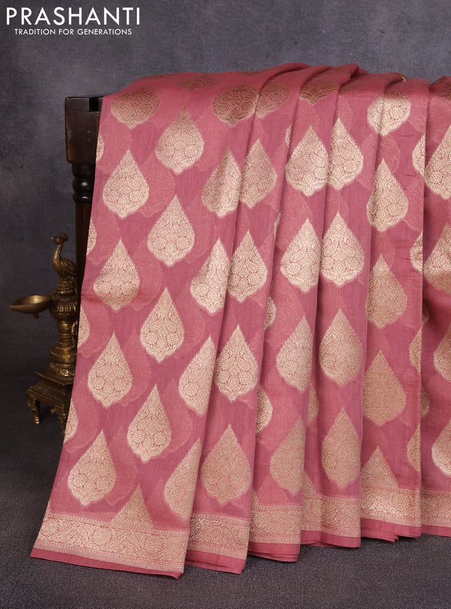 Banarasi silk cotton saree dark peach with allover thread & zari woven buttas and woven border