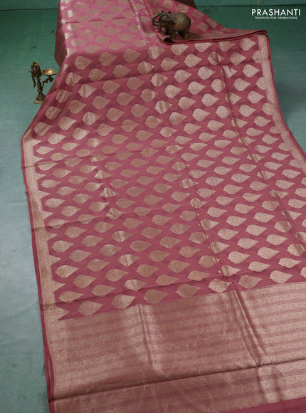 Banarasi silk cotton saree dark peach with allover thread & zari woven buttas and woven border