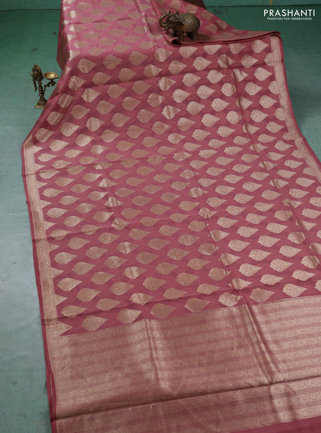 Banarasi silk cotton saree dark peach with allover thread & zari woven buttas and woven border