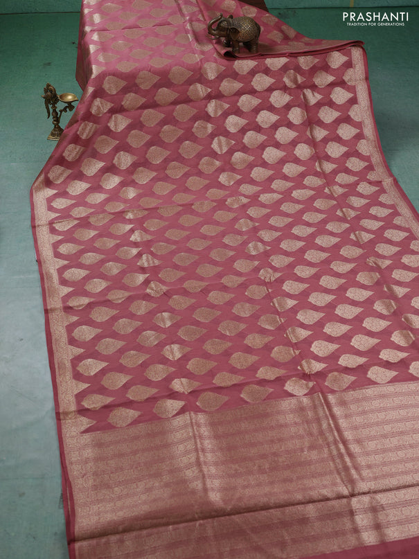 Banarasi silk cotton saree dark peach with allover thread & zari woven buttas and woven border