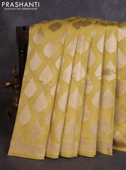 Banarasi silk cotton saree lime yellow with allover thread & zari woven buttas and woven border