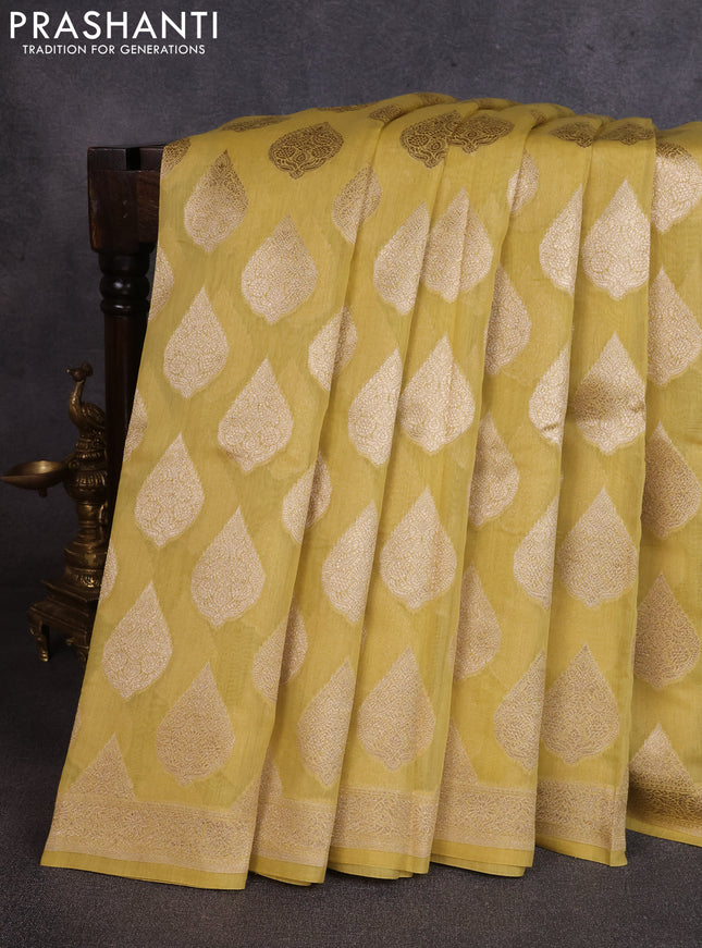 Banarasi silk cotton saree lime yellow with allover thread & zari woven buttas and woven border