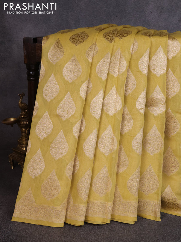 Banarasi silk cotton saree lime yellow with allover thread & zari woven buttas and woven border