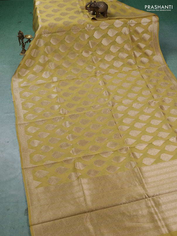 Banarasi silk cotton saree lime yellow with allover thread & zari woven buttas and woven border