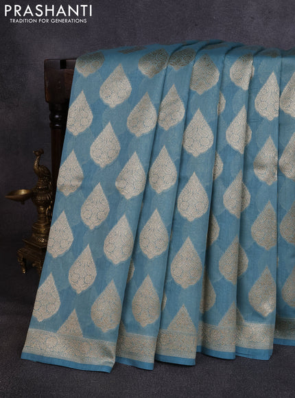 Banarasi silk cotton saree pastel blue with allover thread & zari woven buttas and woven border