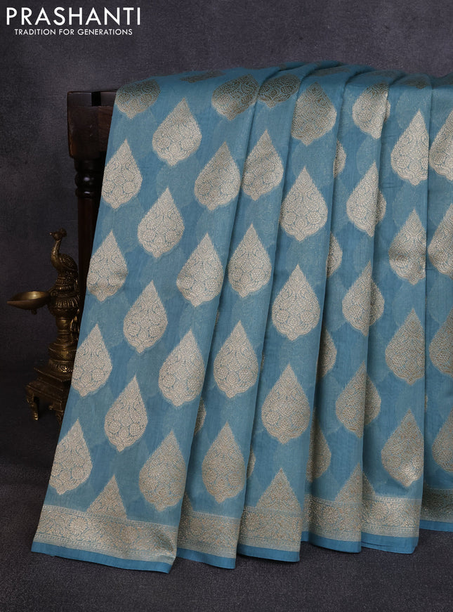 Banarasi silk cotton saree pastel blue with allover thread & zari woven buttas and woven border