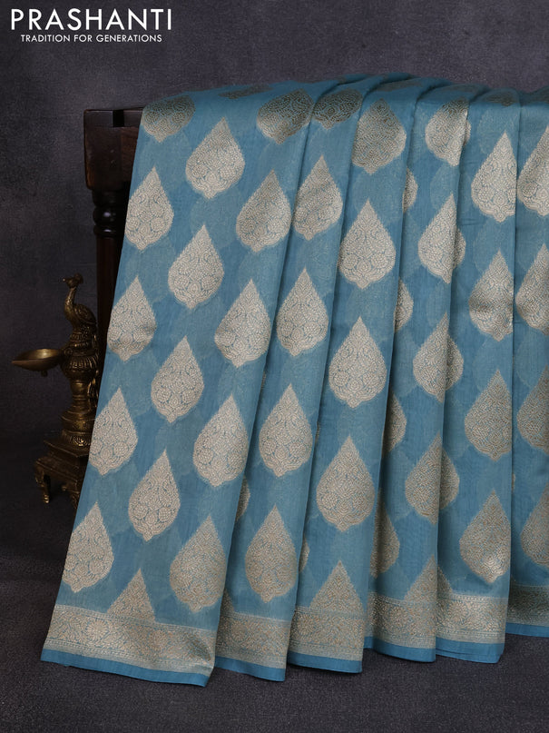 Banarasi silk cotton saree pastel blue with allover thread & zari woven buttas and woven border