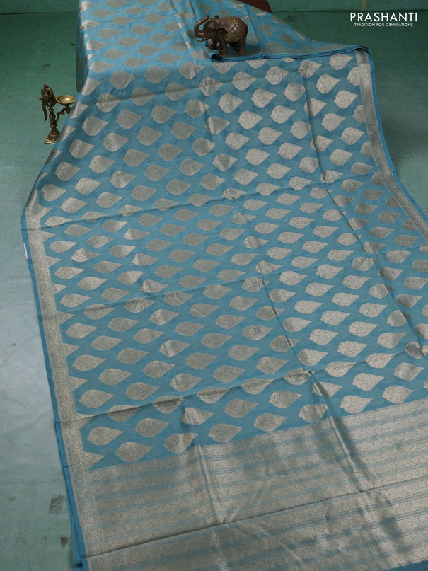 Banarasi silk cotton saree pastel blue with allover thread & zari woven buttas and woven border