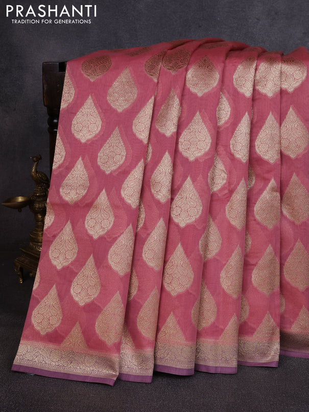 Banarasi silk cotton saree peach pink and pastel purple with allover thread & zari woven buttas and woven border