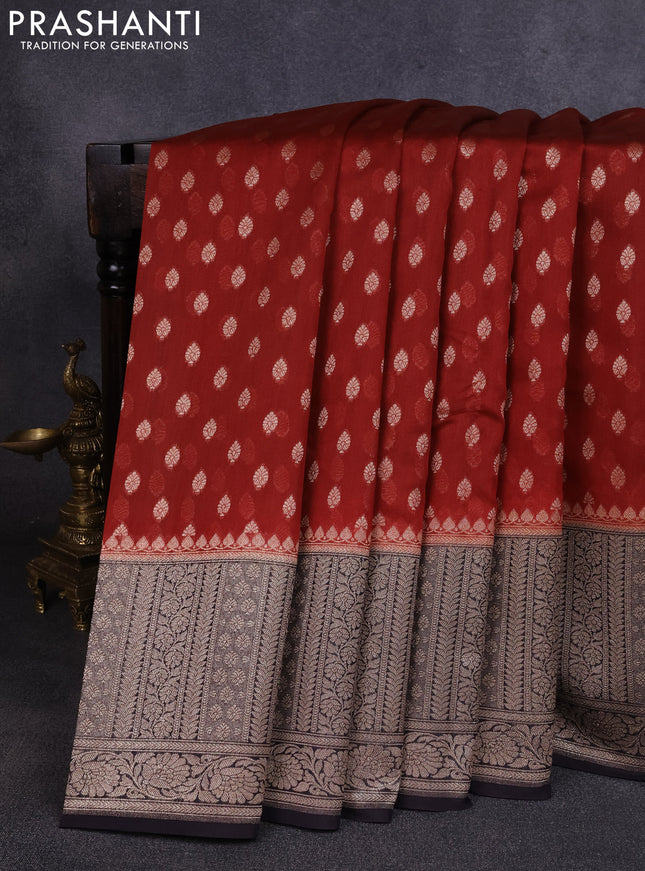 Banarasi silk cotton saree maroon and navy blue with allover thread & zari woven buttas and woven border