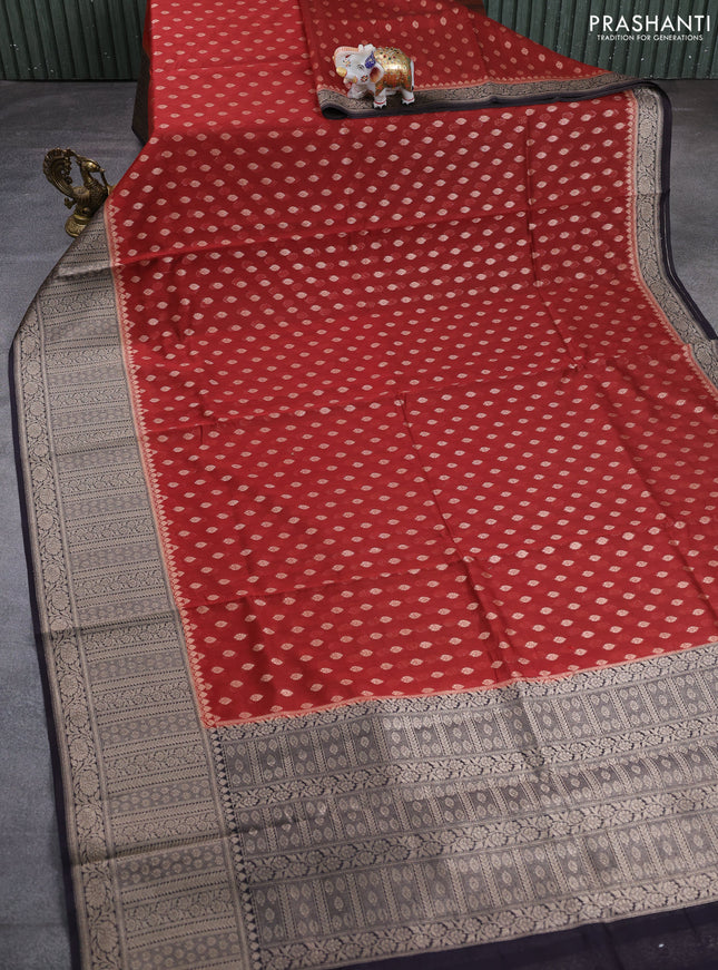 Banarasi silk cotton saree maroon and navy blue with allover thread & zari woven buttas and woven border
