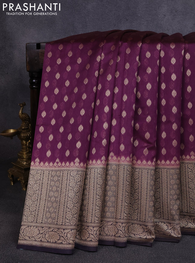 Banarasi silk cotton saree deep purple and navy blue with allover thread & zari woven buttas and woven border