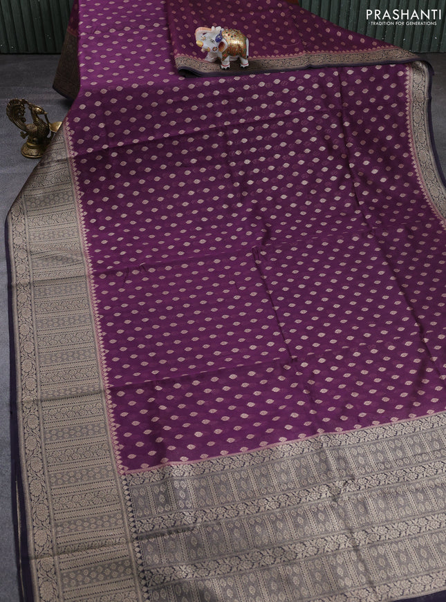 Banarasi silk cotton saree deep purple and navy blue with allover thread & zari woven buttas and woven border