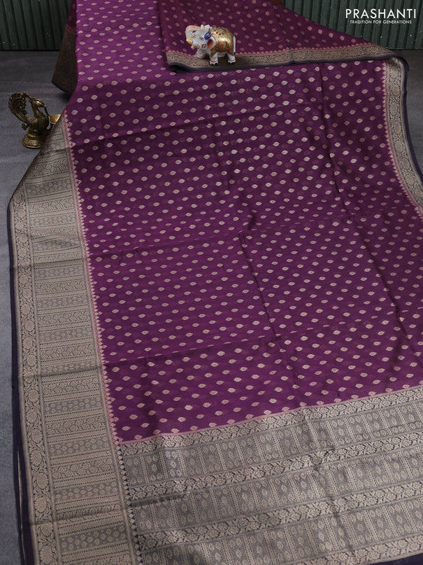 Banarasi silk cotton saree deep purple and navy blue with allover thread & zari woven buttas and woven border