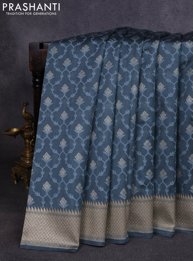 Banarasi silk cotton saree dark grey with allover thread weaves & zari buttas and woven border