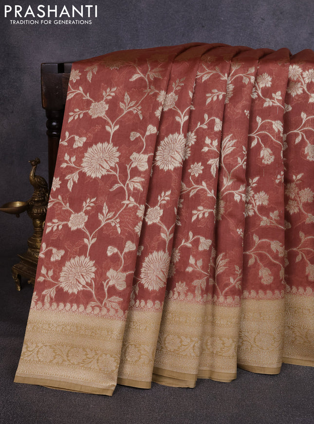 Banarasi silk cotton saree rust shade and sandal with allover thread & zari weaves and woven border