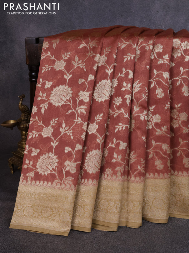 Banarasi silk cotton saree rust shade and sandal with allover thread & zari weaves and woven border