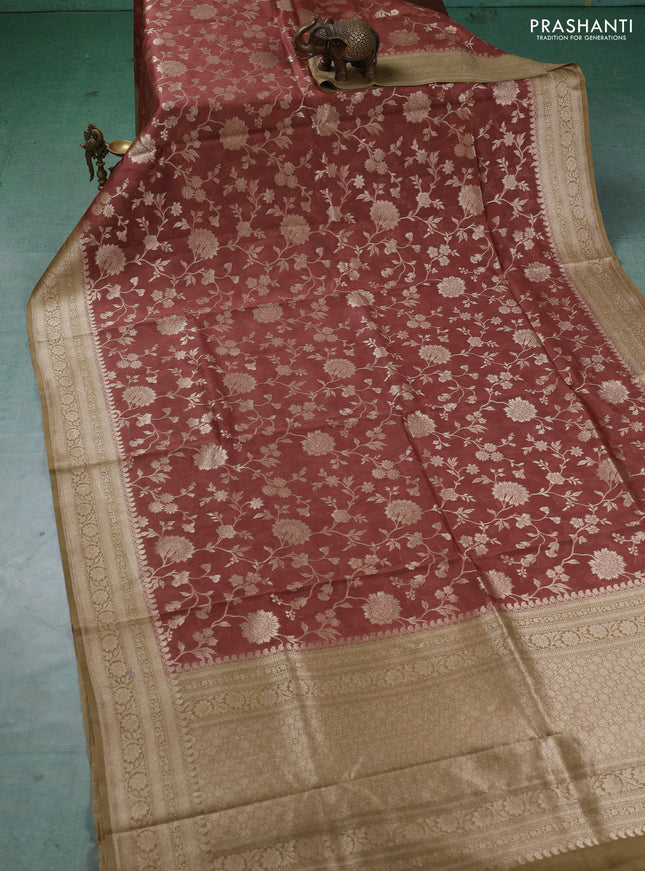 Banarasi silk cotton saree rust shade and sandal with allover thread & zari weaves and woven border