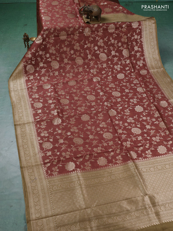 Banarasi silk cotton saree rust shade and sandal with allover thread & zari weaves and woven border