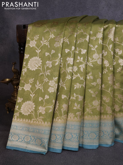 Banarasi silk cotton saree pista green and teal blue with allover thread & zari weaves and woven border