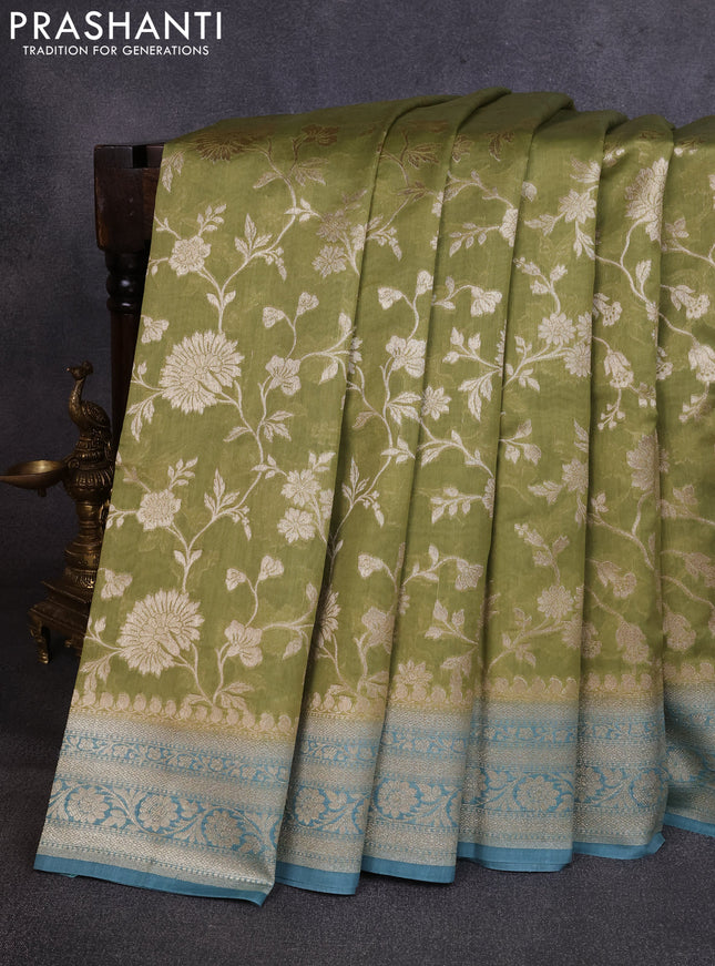 Banarasi silk cotton saree pista green and teal blue with allover thread & zari weaves and woven border