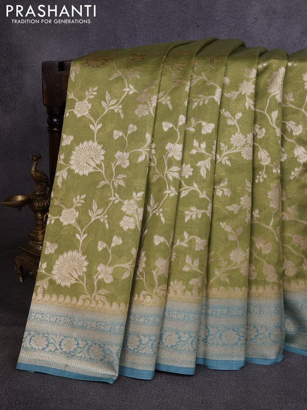 Banarasi silk cotton saree pista green and teal blue with allover thread & zari weaves and woven border