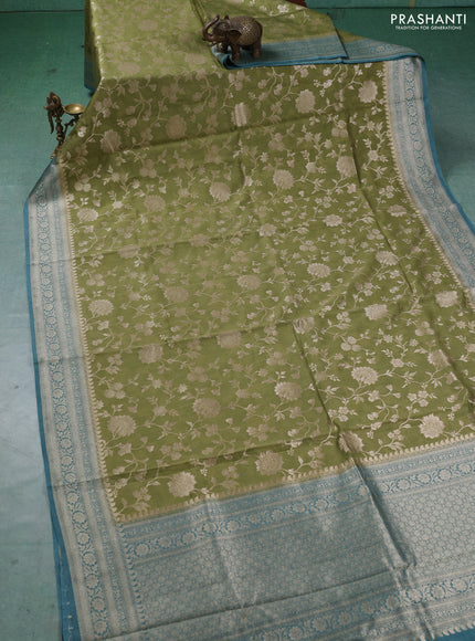 Banarasi silk cotton saree pista green and teal blue with allover thread & zari weaves and woven border
