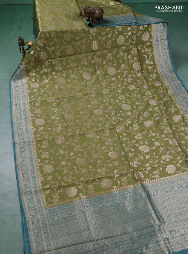 Banarasi silk cotton saree pista green and teal blue with allover thread & zari weaves and woven border