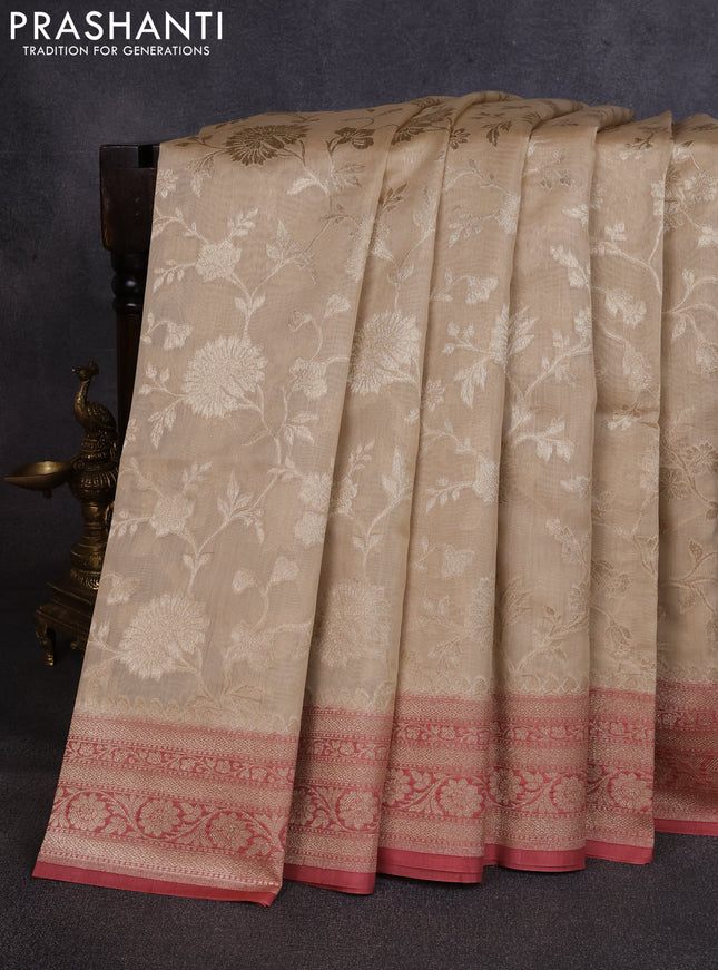 Banarasi silk cotton saree beige and pastel maroon with allover thread & zari weaves and woven border