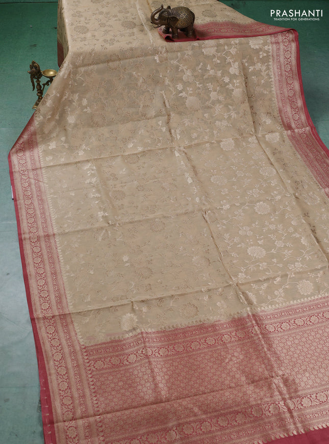 Banarasi silk cotton saree beige and pastel maroon with allover thread & zari weaves and woven border