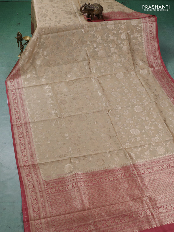 Banarasi silk cotton saree beige and pastel maroon with allover thread & zari weaves and woven border