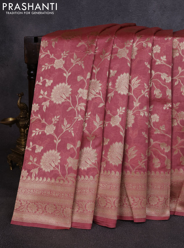 Banarasi silk cotton saree dark peach shade with allover thread & zari weaves and woven border