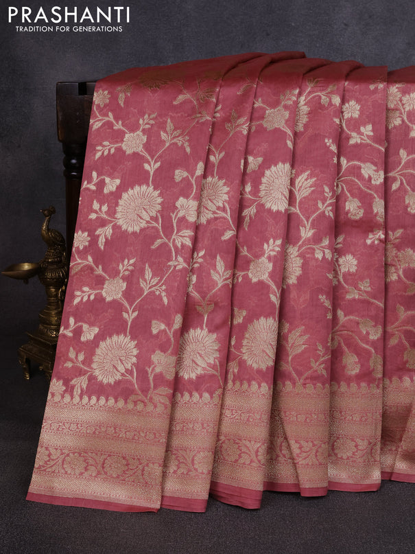 Banarasi silk cotton saree dark peach shade with allover thread & zari weaves and woven border