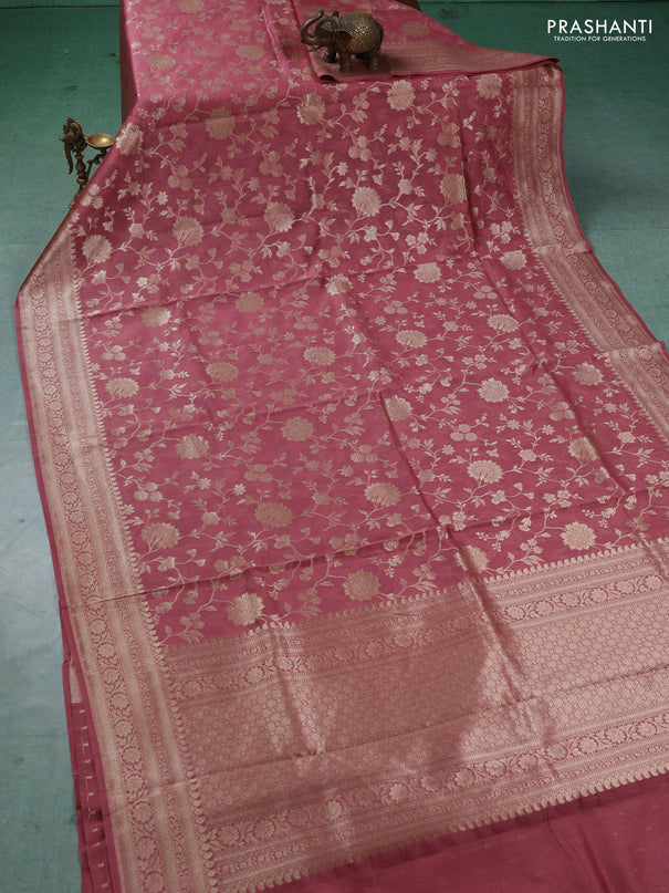 Banarasi silk cotton saree dark peach shade with allover thread & zari weaves and woven border