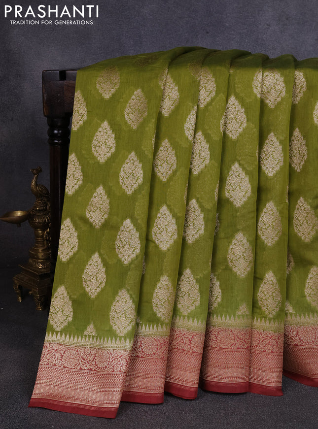 Banarasi silk cotton saree light green and pastel maroon with allover thread & zari woven buttas and woven border
