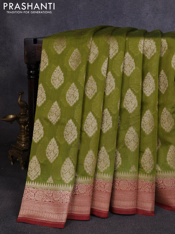 Banarasi silk cotton saree light green and pastel maroon with allover thread & zari woven buttas and woven border