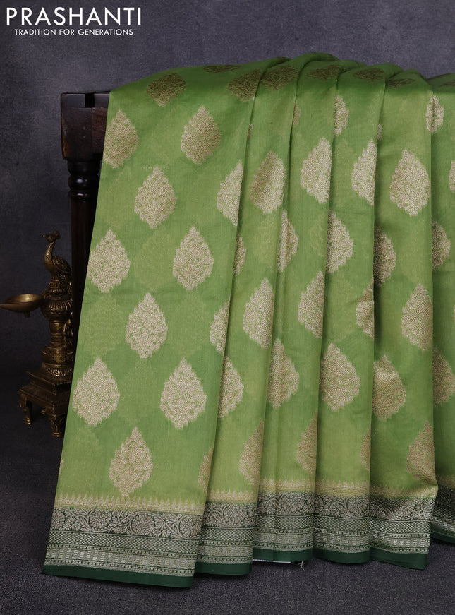 Banarasi silk cotton saree pastel green and bottle green with allover thread & zari woven buttas and woven border