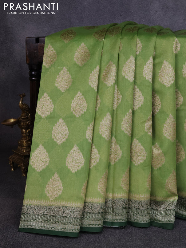 Banarasi silk cotton saree pastel green and bottle green with allover thread & zari woven buttas and woven border