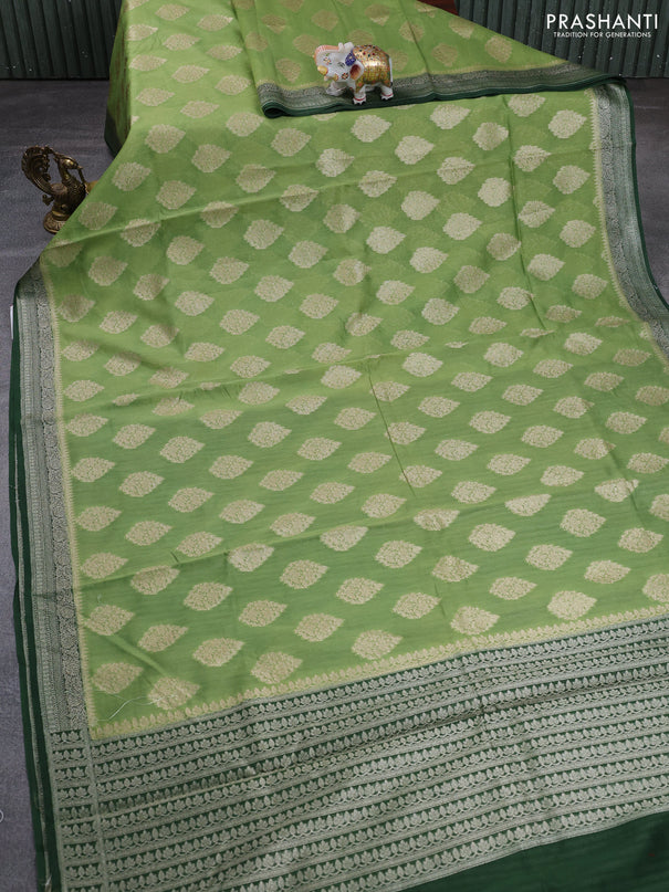 Banarasi silk cotton saree pastel green and bottle green with allover thread & zari woven buttas and woven border