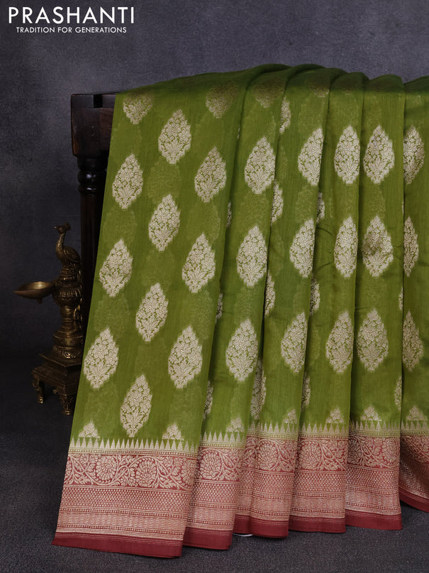 Banarasi silk cotton saree pista green and pastel maroon with allover thread & zari woven buttas and woven border