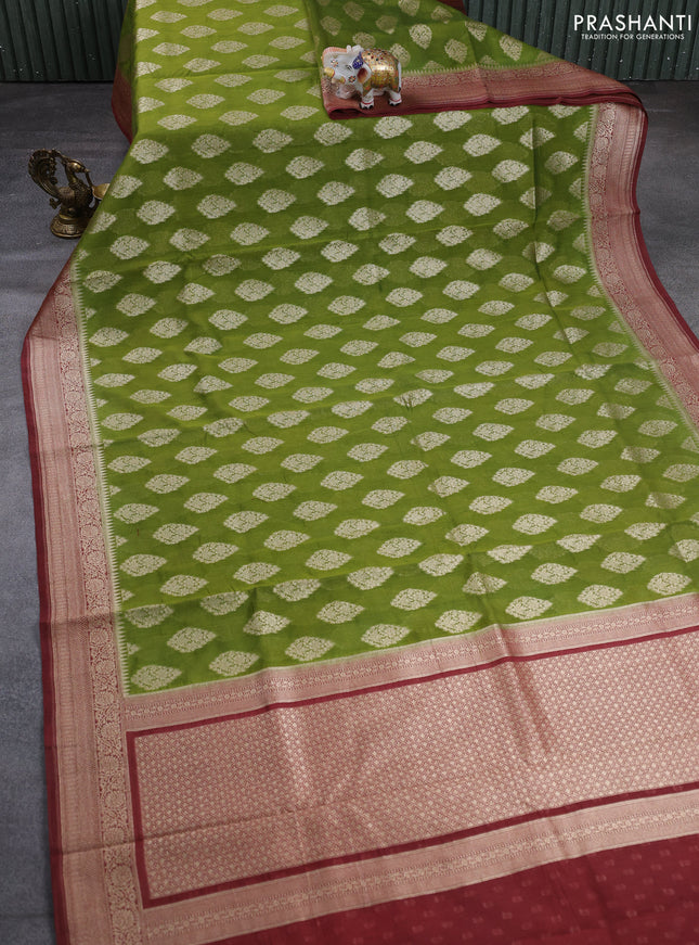 Banarasi silk cotton saree pista green and pastel maroon with allover thread & zari woven buttas and woven border