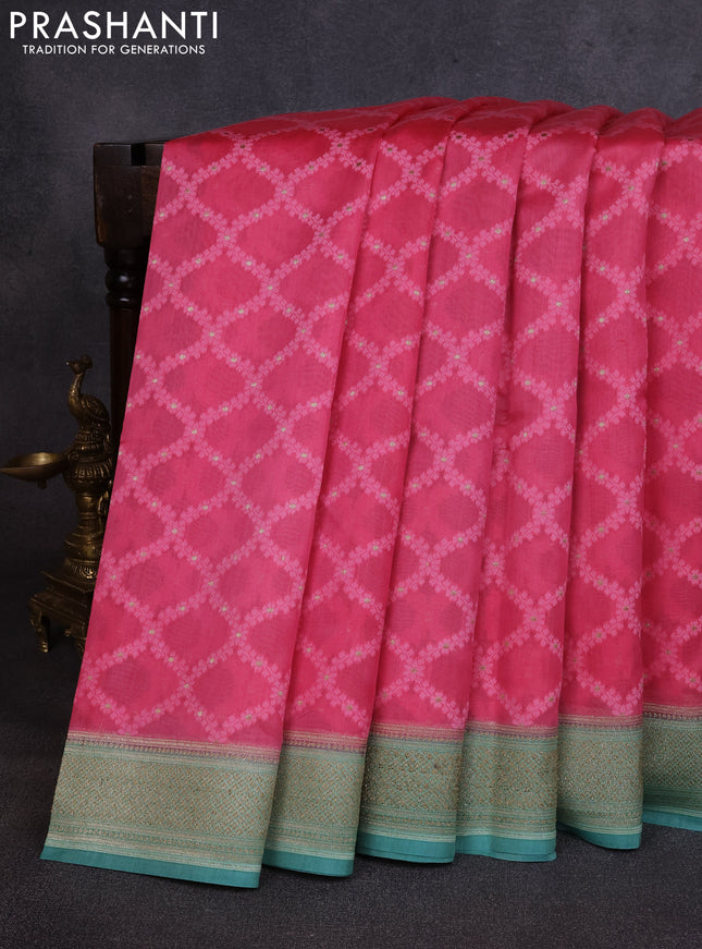 Banarasi silk cotton saree peach pink and teal green with allover thread weaves and thread & zari woven border