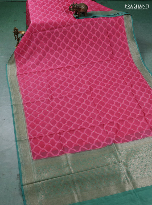 Banarasi silk cotton saree peach pink and teal green with allover thread weaves and thread & zari woven border